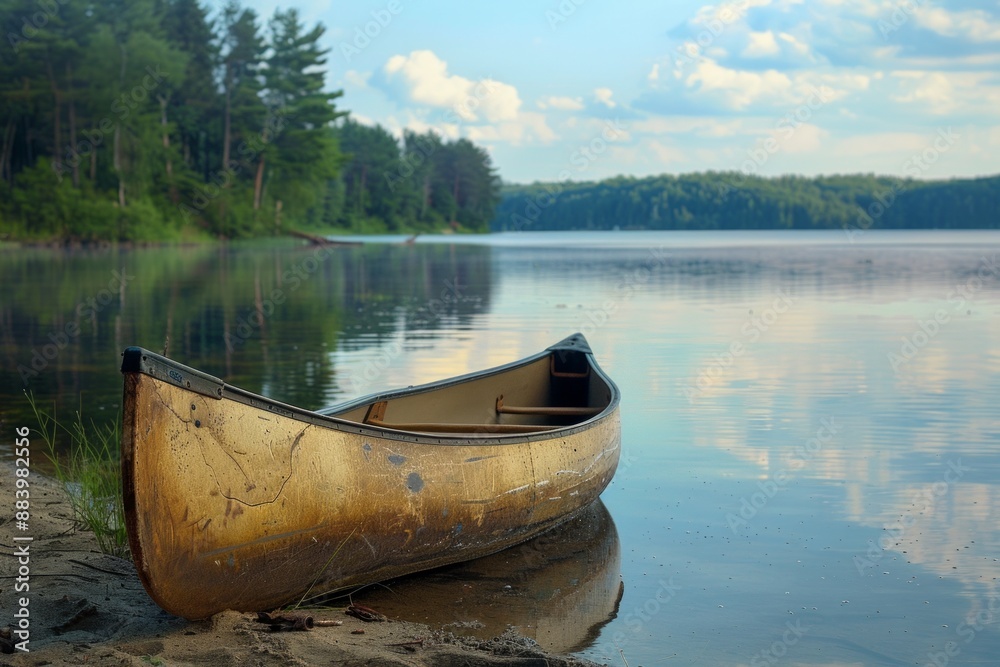 A weathered canoe pulled up on the shore of a lake, with a softly blurred background of calm water and trees. A weathered canoe pulled up on the shore of a lake, with a softly blurred background of calm water and trees.