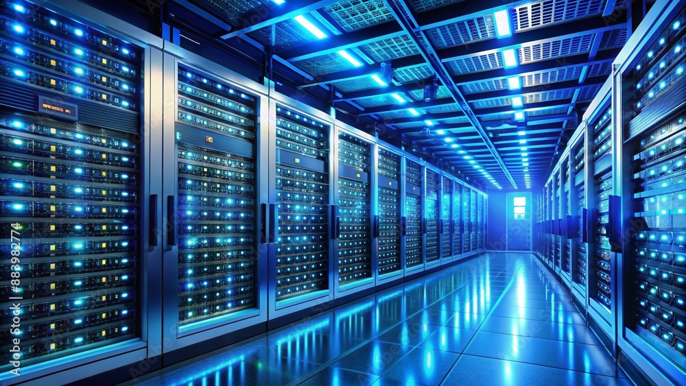 Vibrant blue lights illuminate rows of sleek servers in a state-of-the-art data center, conveying innovation, technology, and high-performance computing in a futuristic atmosphere. Vibrant blue lights illuminate rows of sleek servers in a state-of-the-art data center, conveying innovation, technology, and high-performance computing in a futuristic atmosphere.