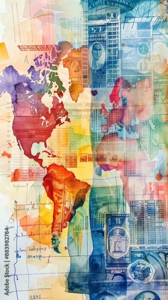 Naklejka premium An artistic watercolor depiction of financial notes and trade strategy, featuring a dynamic representation of market trends and global trade routes
