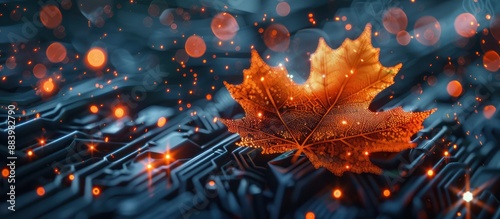 Autumn Leaf on a Circuit Board with Glowing Lights