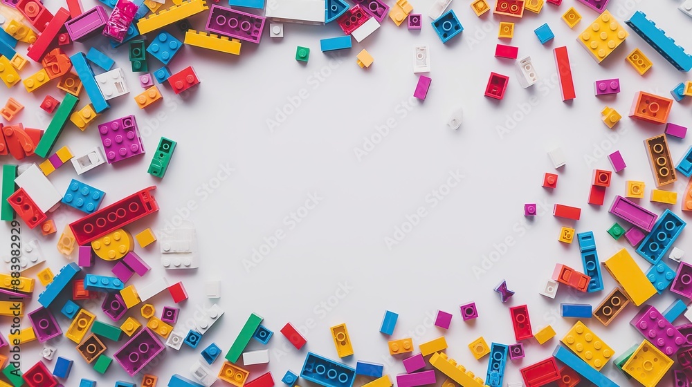 The bricks of different shapes and sizes to show diversity. White background, white space in the center of picture. A pile of colorful blocks scattered all over the place. The bricks of different shapes and sizes to show diversity. White background, white space in the center of picture. A pile of colorful blocks scattered all over the place.