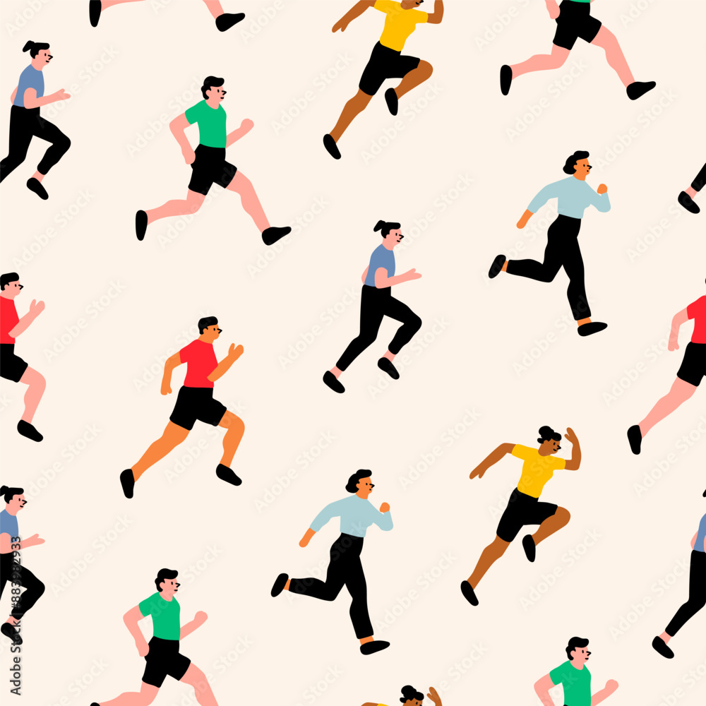 Running people. Cartoon flat style. Cute characters. Sport, jogging, rush, race, ambition, success aspiration, marathon concept. Hand drawn Vector illustration. Square seamless Pattern, background Running people. Cartoon flat style. Cute characters. Sport, jogging, rush, race, ambition, success aspiration, marathon concept. Hand drawn Vector illustration. Square seamless Pattern, background