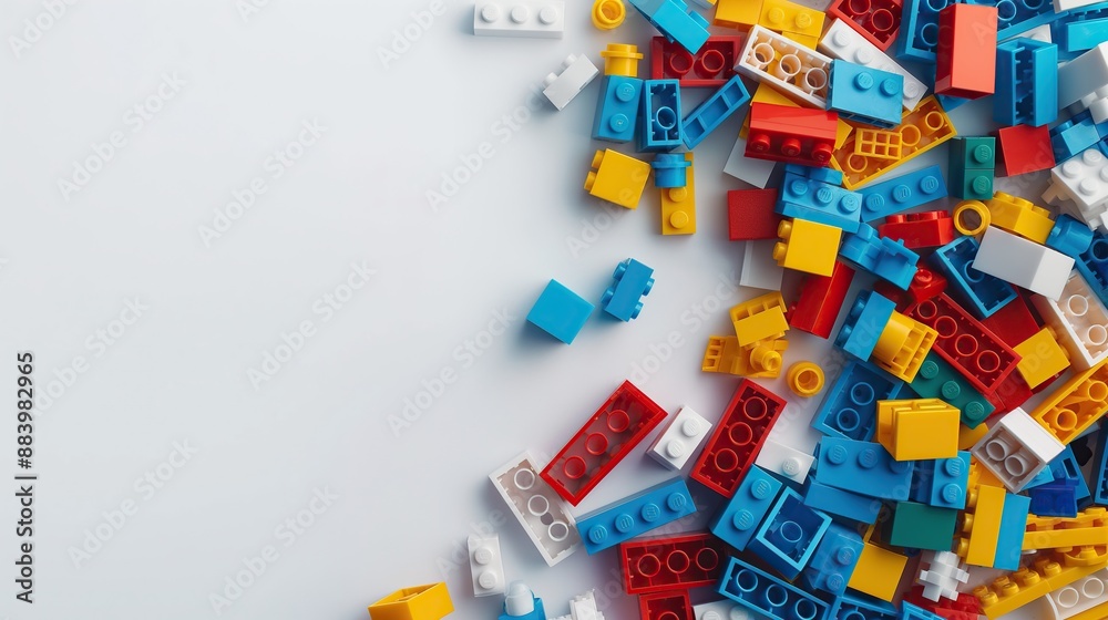The bricks of different shapes and sizes to show diversity. White background, white space in the center of picture. A pile of colorful blocks scattered all over the place. The bricks of different shapes and sizes to show diversity. White background, white space in the center of picture. A pile of colorful blocks scattered all over the place.