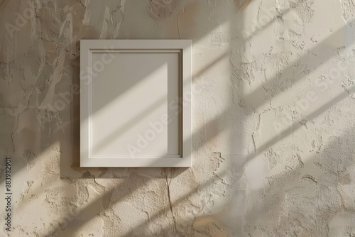 trompe loeil square frame on textured beige wall casting realistic shadows hyperrealistic 3d rendering showcases subtle variations in paint texture and lighting photo