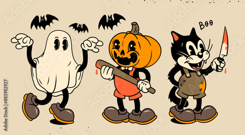 Ghost, Pumpkin head with baseball bat, Cat with knife. Halloween concept. Hand drawn modern Vector illustration. Isolated design elements. Cute creepy, scary, funny characters. Cartoon retro style