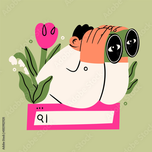 Young man looks through a binoculars on a search bar with flowers. Searching, finding, web surfing, looking for opportunities concept. Hand drawn Vector illustration. Isolated design element