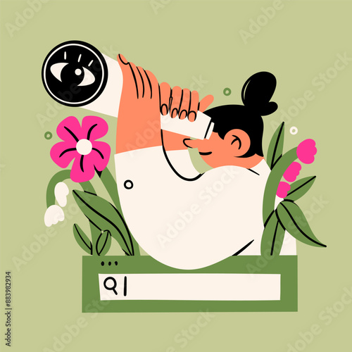 Young woman looks through a spyglass telescope on a search bar with flowers. Searching, finding, web surfing, looking for opportunities concept. Hand drawn Vector illustration. Isolated design element
