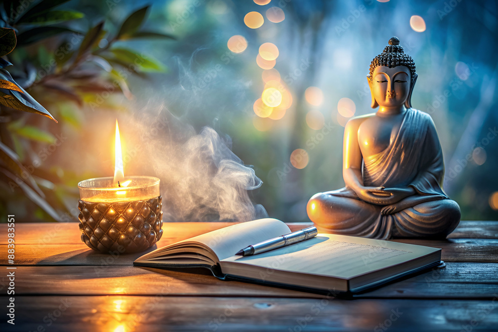 A candle is lit on a table next to a book and a statue of a Buddha