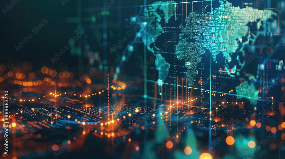 global trade concept with world map overlaid with stock market indices. Trading, and stock info. global trade concept with world map overlaid with stock market indices. Trading, and stock info.
