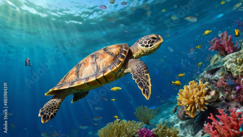 A stunning 3D render of a turtle gracefully swimming under the sea HD wallpaper
