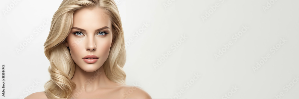 Flawless blonde with an elegant hairstyle of long hair on a white background with copy space. Flawless blonde with an elegant hairstyle of long hair on a white background with copy space.