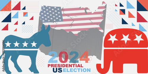 US Presidential Election VOTE 2024 Banner, Background, web, layout template. America states map, American election campaign concept