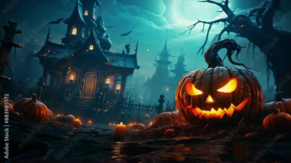Video of large pumpkin with a scary face and several other pumpkins scattered around. Halloween horizontal banner. Video of large pumpkin with a scary face and several other pumpkins scattered around. Halloween horizontal banner.