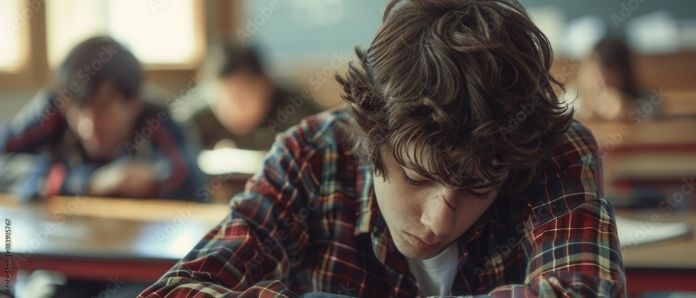 Fototapeta premium Emotional teenager with depression, sitting in a classroom with head down