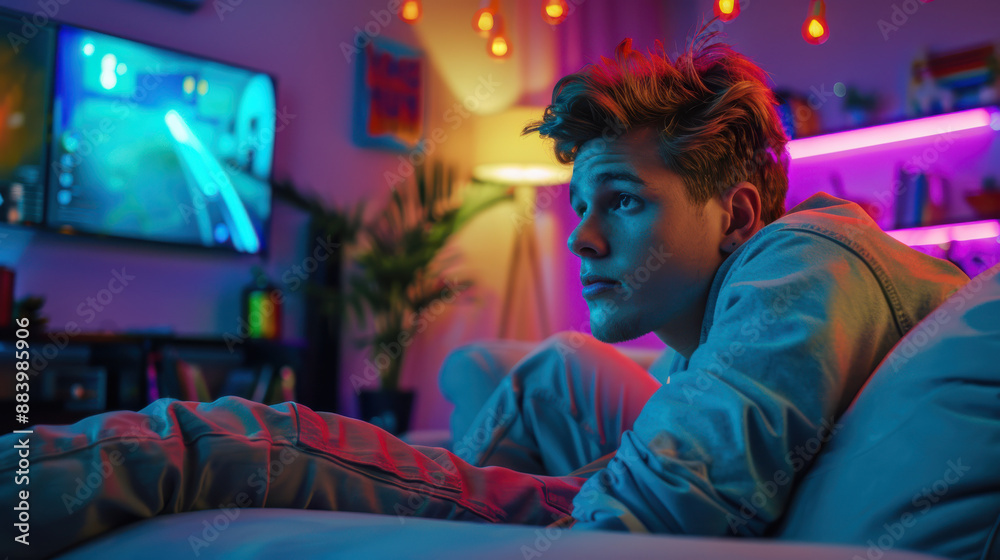 Obraz premium A photograph of a young man playing video games, intense focus, leaning forward on a comfortable sofa, vibrant living room