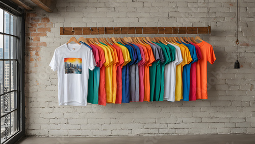 Colorful t-shirts hanging on hangers against brick wall indoors