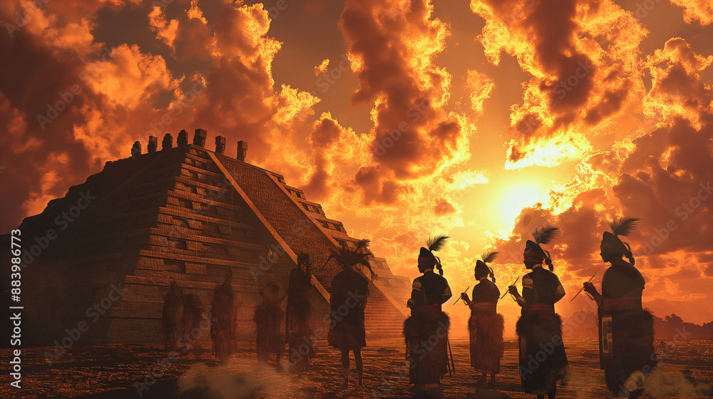 Ancient Mayan priests conducting a ritual at a pyramid, mystical and ...
