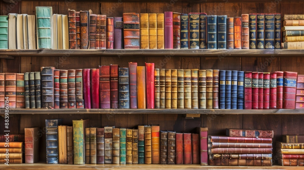 Vibrant Children's Books on Wooden Shelves in School Library with Softly Blurred Background Vibrant Children's Books on Wooden Shelves in School Library with Softly Blurred Background