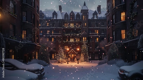 Looking straight at a super realistic high end animated model of an apartment block in Canada at Christmas with many arched window