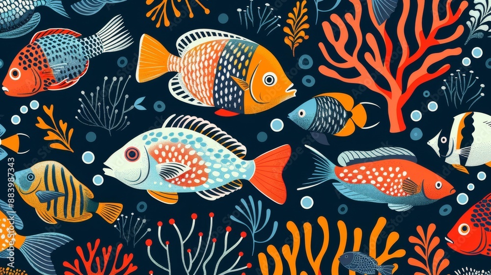 Fototapeta premium Colorful Tropical Fish and Coral Seamless Pattern