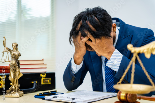 A male Asian lawyer in a formal suit navigates contracts, agreements, and legal obligations amidst stress, failure, and ethical considerations, advocating for civil and human rights in legal practice. photo