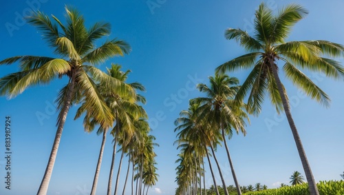 Perspective ground view looking up towards the top of a row of tall palm trees with a clear blue sky