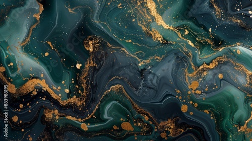 Golden veins flow through a mesmerizing blend of emerald and sapphire hues in this abstract painting. photo