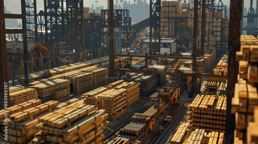 A colossal timber facility with expansive sawmills and towering lumber stacks showcases its massive operations. A colossal timber facility with expansive sawmills and towering lumber stacks showcases its massive operations.