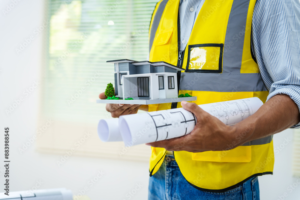 Fototapeta premium Asian male architect works at desk with house model toy and A3 paper blueprints, construction real estate law, zoning, permits, and resolving property disputes through arbitration and litigation.