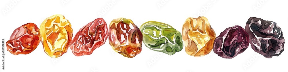 Obraz premium Delicious Variety of Hand-drawn Watercolor Raisins on White Background