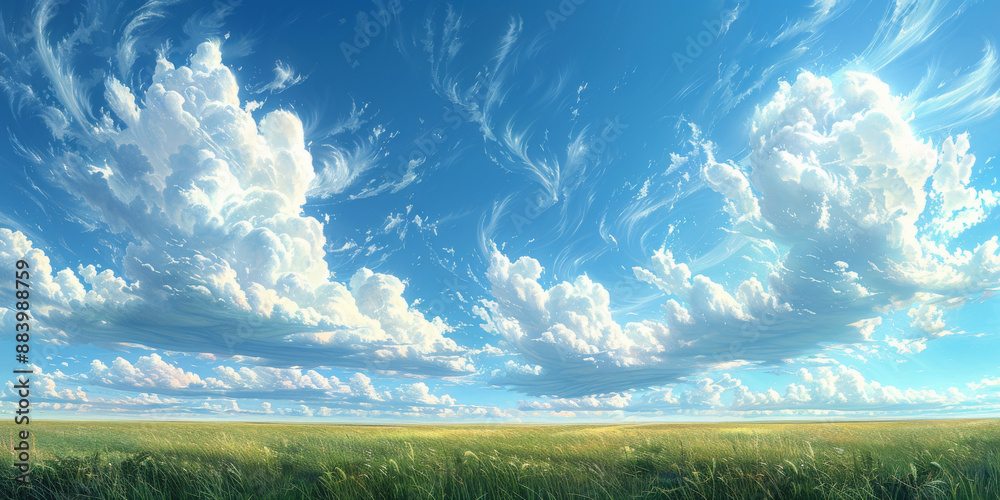 抽象的な野原と青空に舞う雲 抽象的な野原と青空に舞う雲