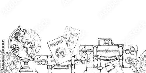 Vintage retro luggage, baggage suitcases globe passport old camera, map. Vector ink hand drawn art. Isolated seamless banner. Design for tourism, travel brochure, wedding guide, print, card, tattoo.