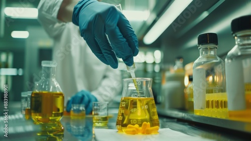 Researchers use instruments to test yellow medicine, science laboratory, bright scene 