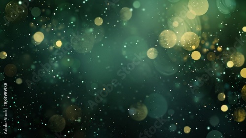 Dark green abstract background with a bokeh circle and shiny stars. New year, birthday, holidays celebration.