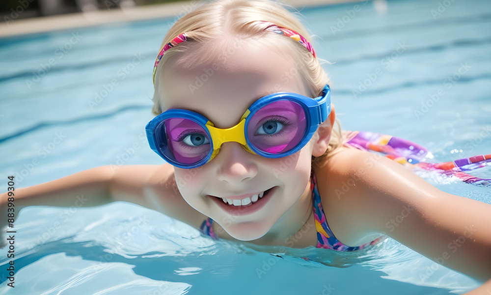 Fototapeta premium A young girl wearing a pink and blue swimsuit is smiling and splashing in a pool