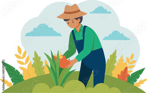 Farmer working in a field harvesting crops
