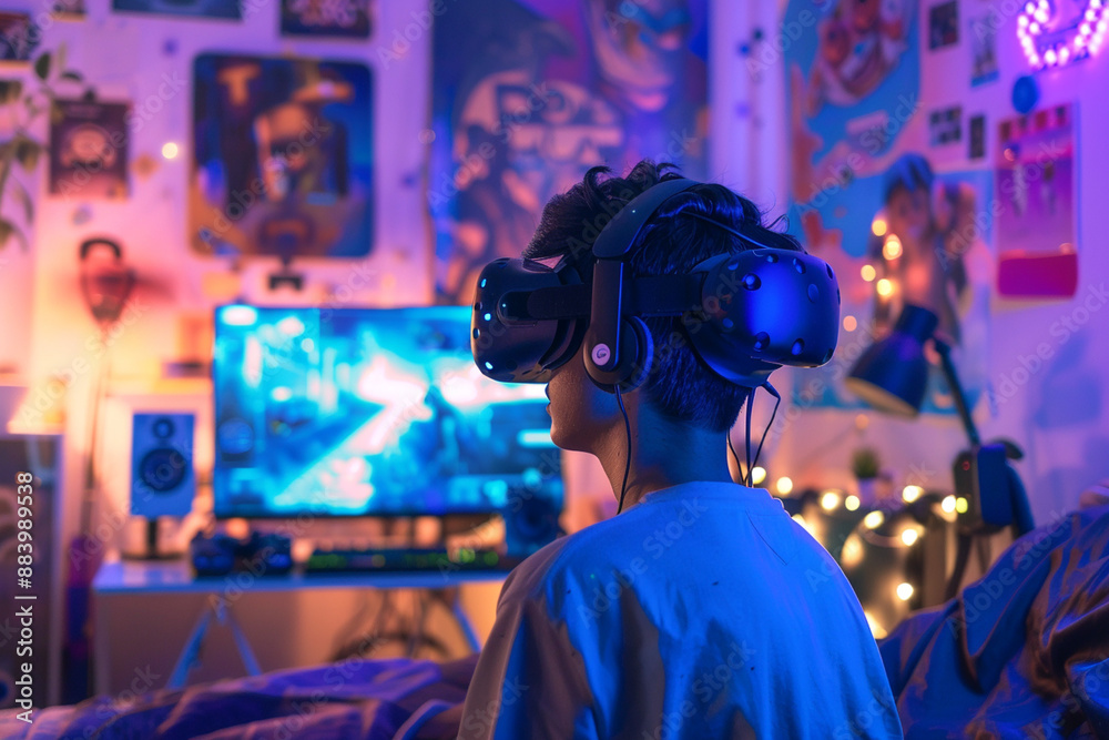 Teenager using VR headset in a colorful, neon-lit bedroom with computer setup Teenager using VR headset in a colorful, neon-lit bedroom with computer setup