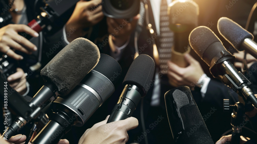 Naklejka premium Press conference with multiple microphones held by journalists and photographers