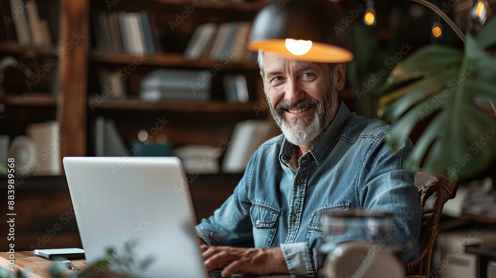 Middle-aged entrepreneur managing small business online Middle-aged entrepreneur managing small business online