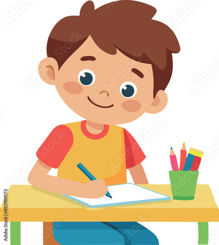 Boy drawing and coloring at a desk