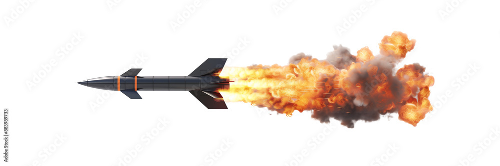 3D black missile with fire flying isolated on white background Military Advanced Technology Concept 3D black missile with fire flying isolated on white background Military Advanced Technology Concept