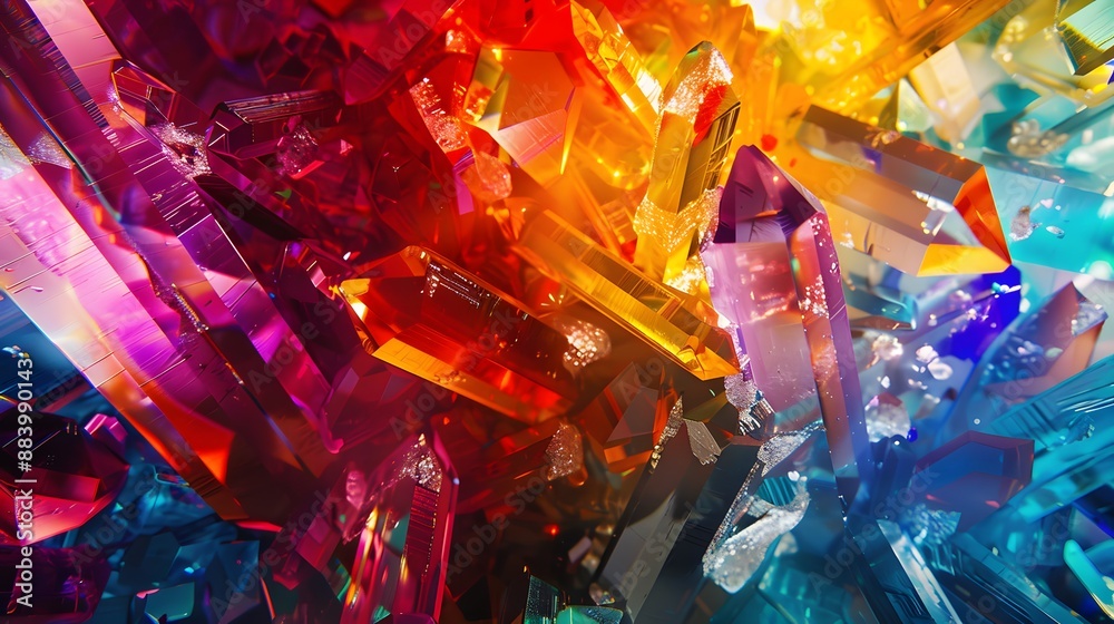 Shattered crystal shards in vibrant colors, creating a striking and energetic visual impact. Shattered crystal shards in vibrant colors, creating a striking and energetic visual impact.