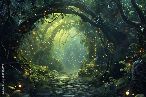 A mystical forest stage, with an ancient stone floor, vines hanging from the trees, and fireflies casting an ethereal glow. 