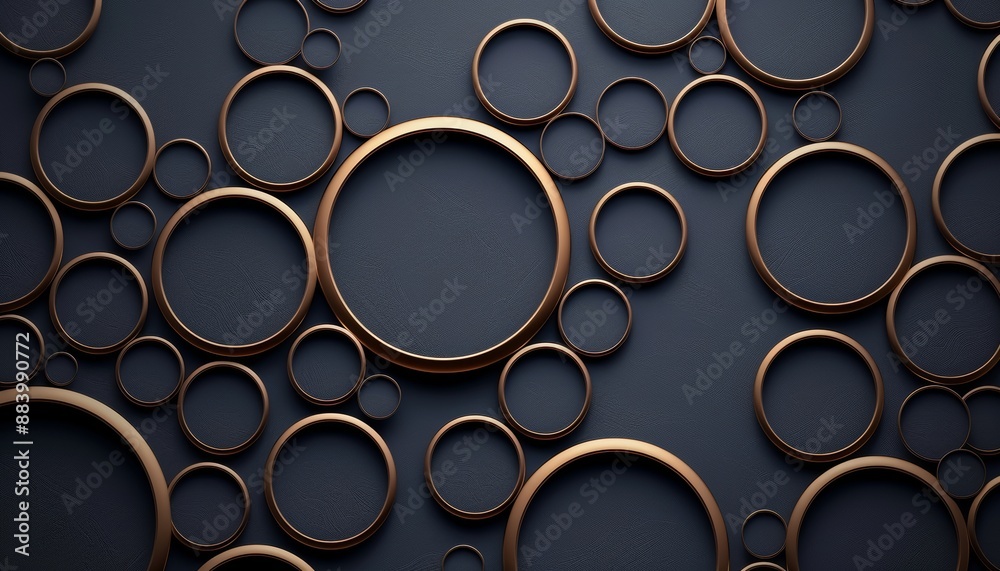 Abstract Background with Randomly Overlapping, Dark Gray Circles Outlined in Gold on a Dark Texture,