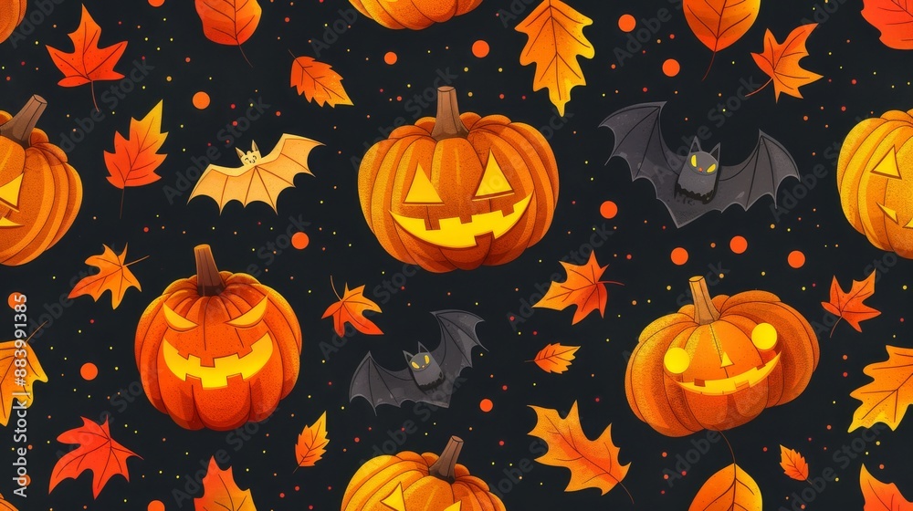 Seamless pattern with cute cartoon pumpkins and bats on dark background Seamless pattern with cute cartoon pumpkins and bats on dark background