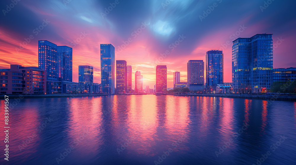 Canary Wharf at dusk, Famous skyscrapers of London's financial district at twilight. Canary Wharf at dusk, Famous skyscrapers of London's financial district at twilight.
