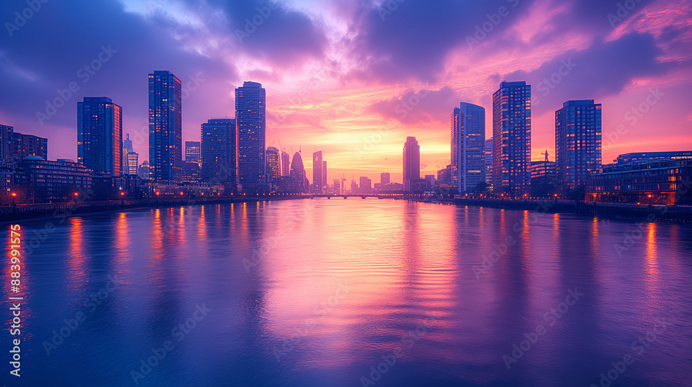 Canary Wharf at dusk, Famous skyscrapers of London's financial district at twilight. Canary Wharf at dusk, Famous skyscrapers of London's financial district at twilight.