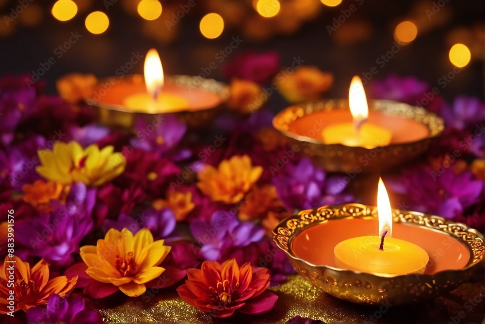 Diwali background with shiny and illuminated Diya lamps and vibrant floral background. Diwali background with shiny and illuminated Diya lamps and vibrant floral background.