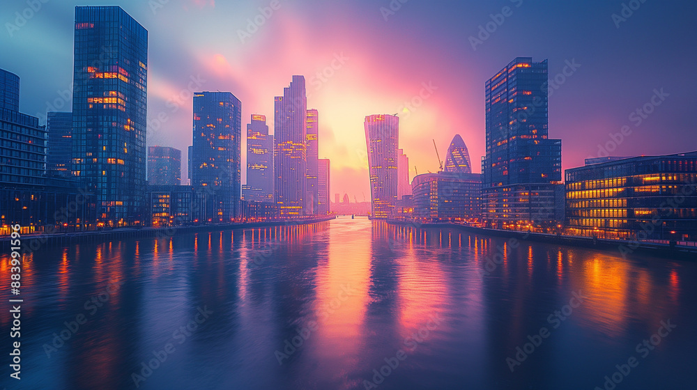 Canary Wharf at dusk, Famous skyscrapers of London's financial district at twilight. Canary Wharf at dusk, Famous skyscrapers of London's financial district at twilight.