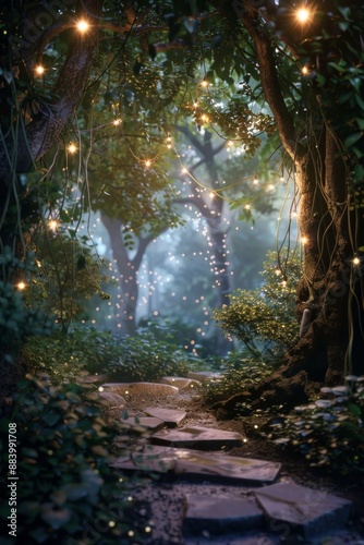 A mystical forest stage, with an ancient stone floor, vines hanging from the trees, and fireflies casting an ethereal glow. 